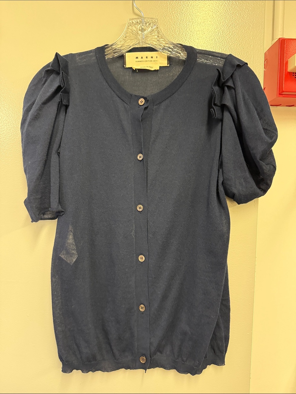Marni Navy Puff Sleeve Button-Down Knit Top